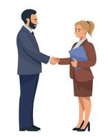 People at work. Business people. Men and women in business suits shake hands. Business meeting, negotiations. Solving work issues. office life. Vector image.