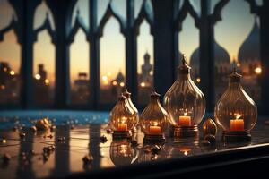 Eid mubarak and ramadan kareem greetings with islamic lantern and mosque. Eid al fitr background. Eid al fitr background of window concept by photo