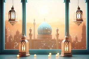 Eid mubarak and ramadan kareem greetings with islamic lantern and mosque. Eid al fitr background. Eid al fitr background of window concept by photo