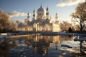 Awesome buildings of mosque in ramadan vibes. Ramadan kareem eid mubarak islamic mosque concept by photo