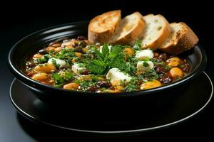 A delicious minestrone soup food in a bowl. Italian food and healthy protein soup meal concept by AI Generated photo