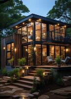 A container home building on a plot of land. 2 storey modern container house, cafe or restaurant concept by photo