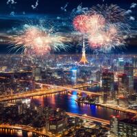 hermosa Fuegos artificiales espectáculo con paisaje urbano a noche para celebracion contento nuevo año. Fuegos artificiales monitor concepto por ai generado foto