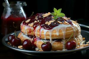 hecho en casa de delicioso Pastelería o panqueques con Fruta daneses y cereza. danés Pastelería y postre concepto por ai generado foto