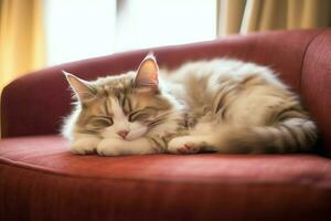 linda gato dormido o descansando en el sofá a hogar. perezoso gato dormido en el sofá. gato día concepto por ai generado foto