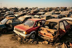 oxidando antiguo basura carros con ambiente contaminación en depósito de chatarra para reciclaje. abandonado coche residuos concepto por ai generado foto