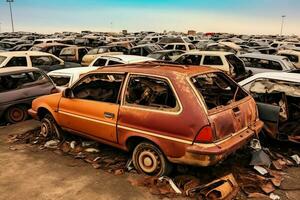 oxidando antiguo basura carros con ambiente contaminación en depósito de chatarra para reciclaje. abandonado coche residuos concepto por ai generado foto