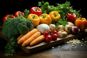 Collection mix fresh vegetables and fruits for a salad. Healthy diet concept and vegetables food by AI Generated photo