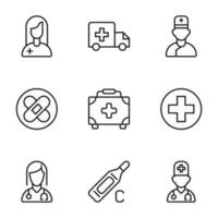 Collection of vector isolated signs drawn in line style. Editable stroke. Icons of doctor, ambulance, medical tape, cross, thermometer