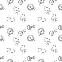 Seamless monochrome repeating pattern of compass, balloon, sun over clouds vector