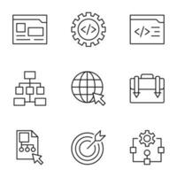 Collection of vector isolated signs drawn in line style. Editable stroke. Icons of web site, gear, map, internet, suitcase, coding, target, programming