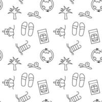 Seamless monochrome repeating pattern of flight, palm, ticket, swimming pool, planet vector