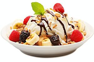 A delicious Banana split ice cream dessert with chocolate syrup. Banana split ice cream dessert by AI Generated photo