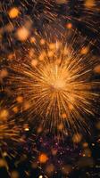 Beautiful firework show with cityscape at night for celebration happy new year. Firework display concept by photo