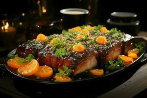 A delicious crispy pork belly fancy on plate. Restaurant food and asian cuisine concept by AI Generated photo