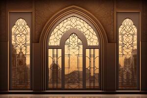 Eid mubarak and ramadan kareem greetings with islamic lantern and mosque. Eid al fitr background. Eid al fitr background of window concept by AI Generated photo