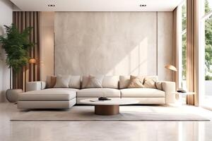 Modern apartment interior in living or bedroom design with working table, furniture, and bookshelf. Luxury home scandinavian concept by photo