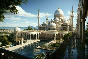 Awesome buildings of mosque in ramadan vibes. Ramadan kareem eid mubarak islamic mosque concept by AI Generated photo