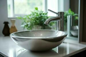 Modern public bathroom with row of white ceramic wash sink basins and faucet with mirror in restroom concept by AI Generated photo