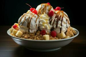 A delicious Banana split ice cream dessert with chocolate syrup. Banana split ice cream dessert by AI Generated photo