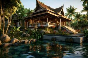 Thai balinese luxury villa with infinity swimming pool. A tropical garden in ubud bali indonesia concept by AI Generated photo