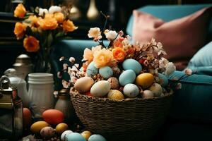 Easter day concept in living room with bunny, sweets or many colorful decorative easter eggs. Painted eggs on straw nest and flower. Easter celebration. Easter day background by AI Generated photo