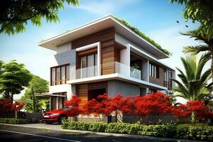 Beautiful modern house exterior with carport. Modern residential district and minimalist building concept by AI Generated photo