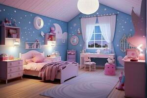 moderno niño dormitorio interior diseño en casa con decoración niños. vistoso niños dormitorio concepto por ai generado foto