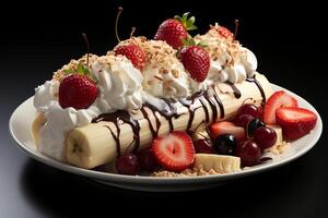 A delicious Banana split ice cream dessert with chocolate syrup. Banana split ice cream dessert by AI Generated photo