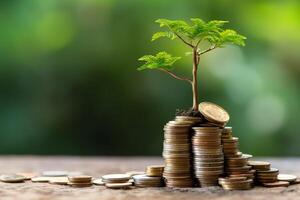 Business growth with a growing tree on a coin. Showing financial developments. Financial planning concept by AI Generated photo