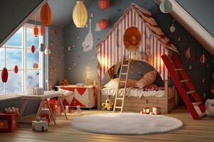 moderno niño dormitorio interior diseño en casa con decoración niños. vistoso niños dormitorio concepto por ai generado foto