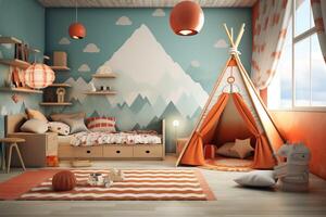 Modern child bedroom interior design in house with decoration children. Colorful children bedroom concept by AI Generated photo