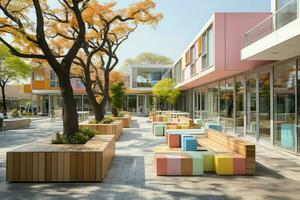 View of early childhood learning building. Design with modern exterior made of wood and a flat roof concept by AI Generated photo