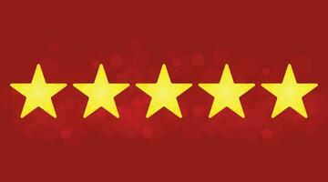 Five Star Product Quality Rating vector icon on red background.