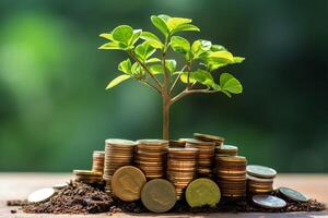 Business growth with a growing tree on a coin. Showing financial developments. Financial planning concept by AI Generated photo