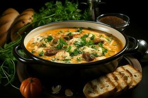 A delicious bouillabaisse soup food in a bowl. Marseille food and healthy protein soup meal concept by AI Generated photo