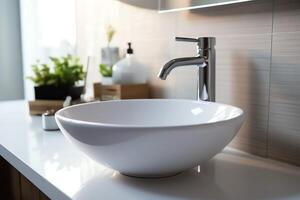 Modern public bathroom with row of white ceramic wash sink basins and faucet with mirror in restroom concept by AI Generated photo