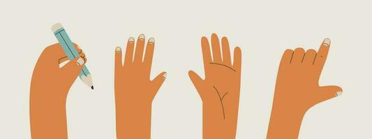 Set of left hands with various gestures. The hand holds a pencil, pointing gesture, hand with the back side and the outside. Vector flat isolated illustration for design.