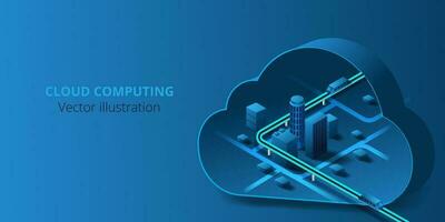 Futuristic city connected to cloud computing storage of big data. vector