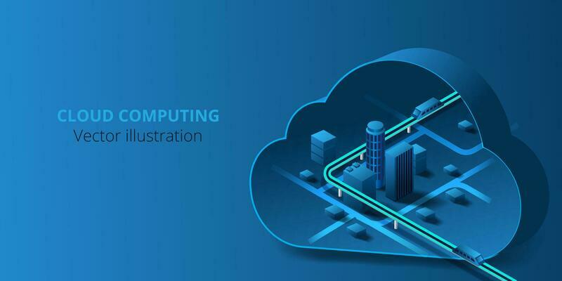 Futuristic city connected to cloud computing storage of big data.