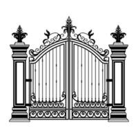 Metal gate sketch. Vector illustration of decorative forging of a two-door garden gate.