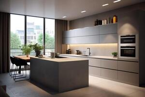 Modern kitchen interior design in apartment or house with furniture. Luxury kitchen home scandinavian concept by AI Generated photo