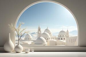 Eid mubarak and ramadan kareem greetings with islamic lantern and mosque. Eid al fitr background. Eid al fitr background of window concept by photo