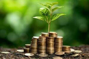 negocio crecimiento con un creciente árbol en un moneda. demostración financiero desarrollos financiero planificación concepto por ai generado foto