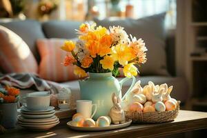 Easter day concept in living room with bunny, sweets or many colorful decorative easter eggs. Painted eggs on straw nest and flower. Easter celebration. Easter day background by AI Generated photo