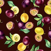 Various passion fruits on leaf watercolor seamless pattern isolated on dark. Purple tropical whole, sliced maracuja hand drawn. Design for wrapping, package, textile, background, paper, tableware vector