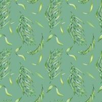 Palm leaves of acai tree watercolor seamless pattern isolated on blue. Green brunch of tropical palm, exotic leaf hand drawn. Design element for wrapping, packaging, textile, background, paper vector