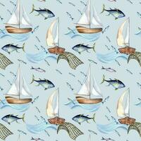 Seamless pattern of sea fish and sail boat watercolor illustration isolated on blue. Fishing boat, sea wave and tuna, hand drawn. Design element for textile, packaging, wrapping, background, market vector