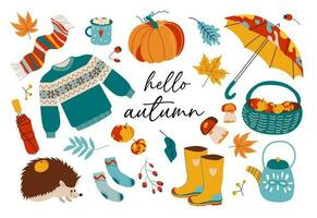 Autumn icons set- falling leaves, pumpkins, sweater, cute hedgehog, boots, basket of apples and more. Autumn season elements suitable for scrapbook, postcards, posters vector