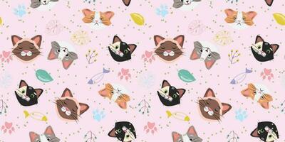 Vector seamless background with cute funny cats in flat cartoon style